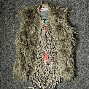 Women’s Large Green Faux Fur Shaggy Gilet Jacket with Leather